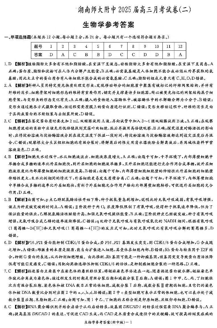 湖南省湖南师范大学附属中学2025届高三上学期月考(二)生物01