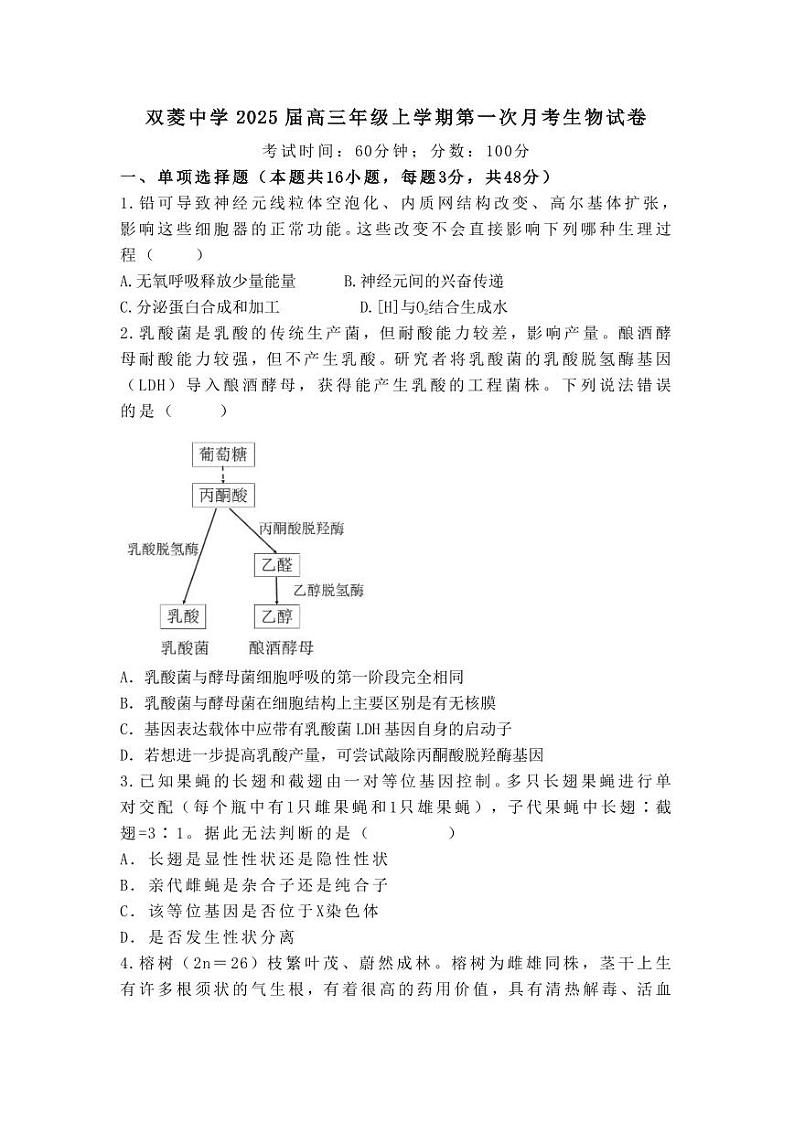 天津市和平区双菱中学2024-2025学年高三上学期10月第一次月考生物试题01