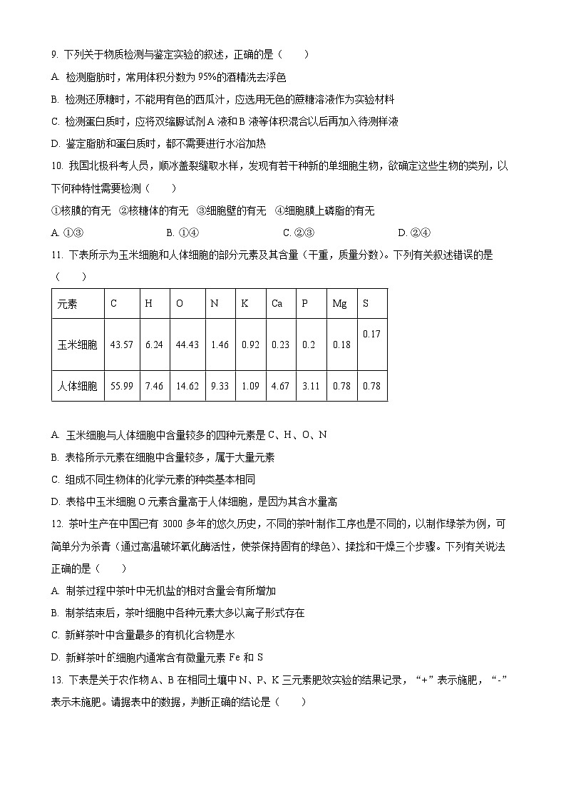 湖北省荆州中学2024-2025学年高一上学期9月月考生物试题 Word版无答案第3页