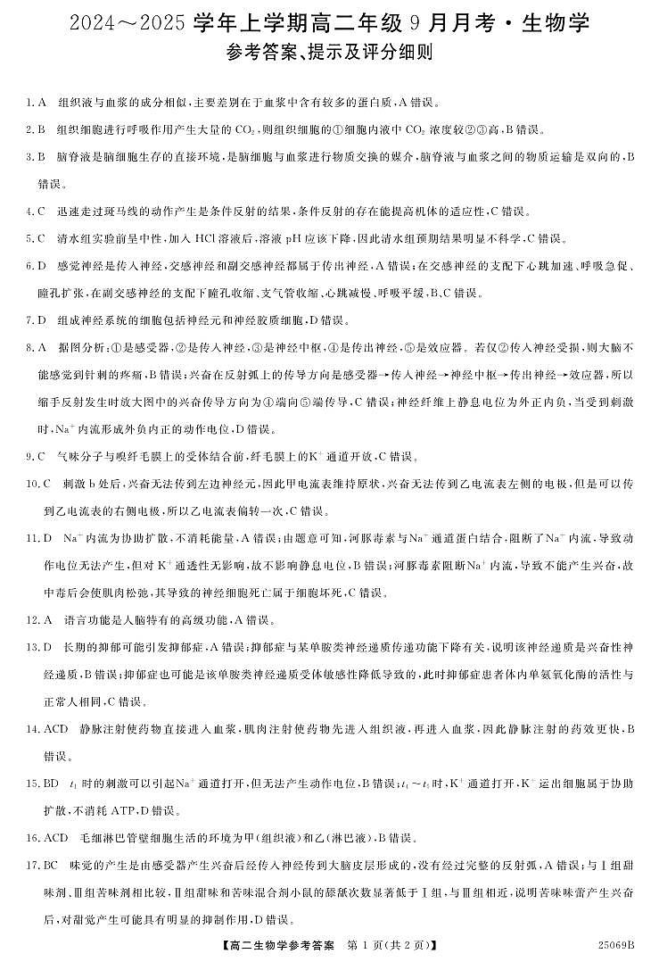 河南省平顶山市叶县叶县高级中学2024-2025学年高二上学期9月月考生物答案第1页