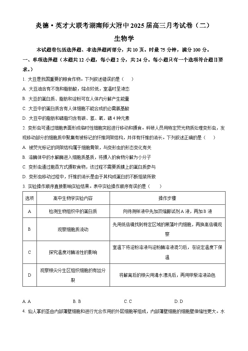 湖南省长沙市师大附中2025届高三上学期第二次月考生物试题(Word版附解析)01
