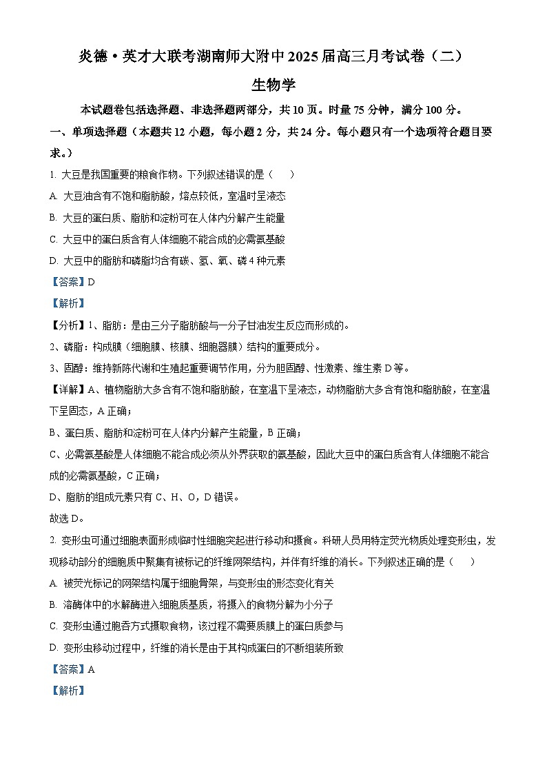 湖南省长沙市师大附中2025届高三上学期第二次月考生物试题(Word版附解析)01