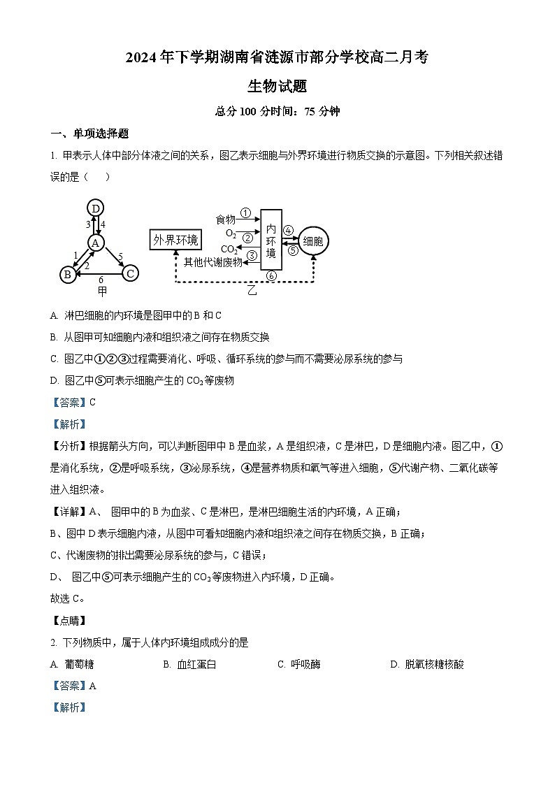 湖南省涟源市部分学校2024—2025学年高二上学期9月考试生物试题 Word版含解析第1页