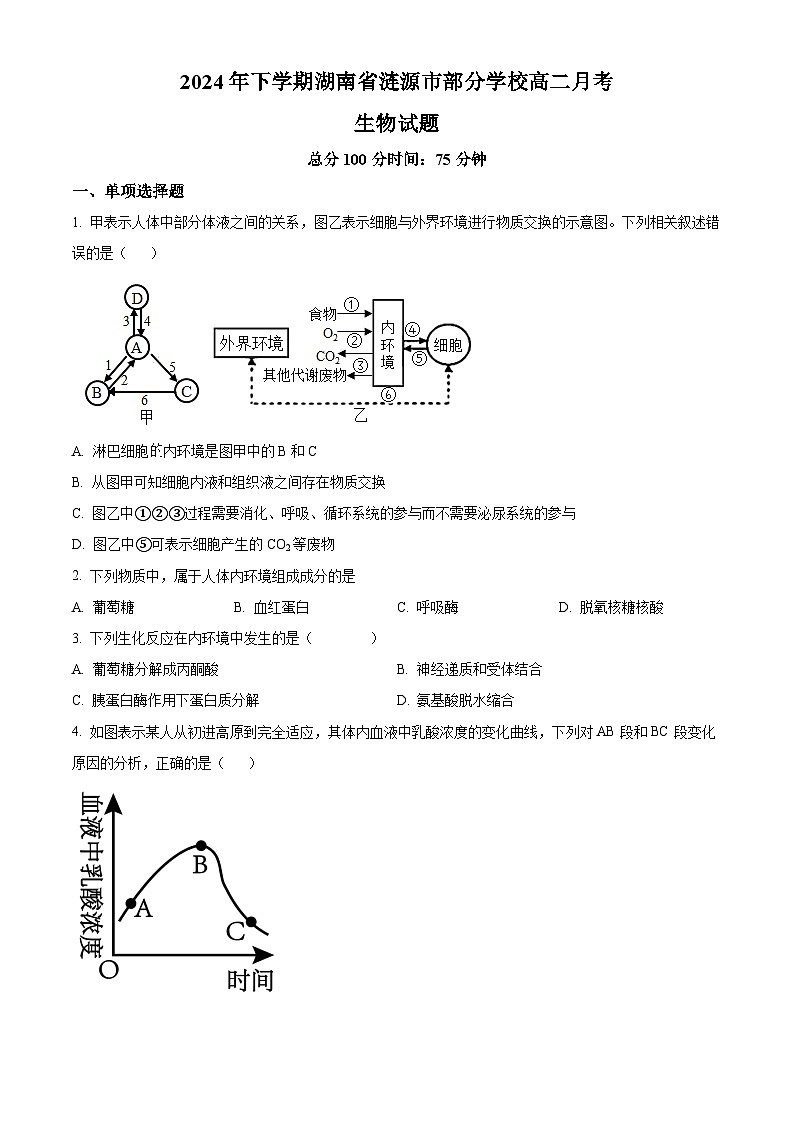 湖南省涟源市部分学校2024—2025学年高二上学期9月考试生物试题 Word版无答案第1页