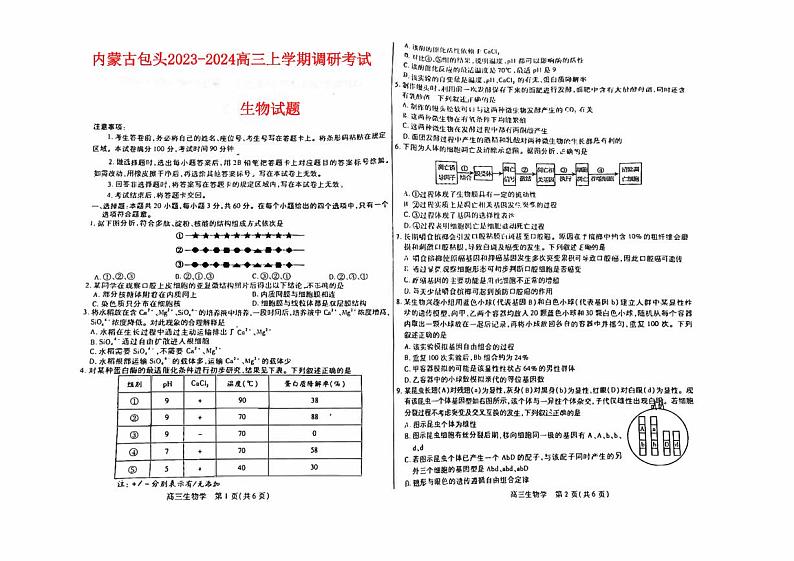 内蒙古包头2023_2024高三生物上学期开学调研考试试题pdf第1页