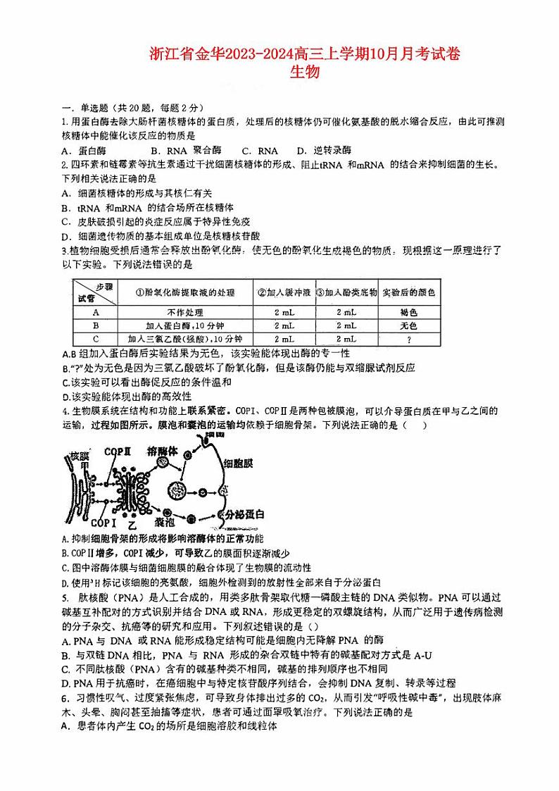 浙江省金华2023_2024高三生物上学期10月月考试题无答案pdf第1页