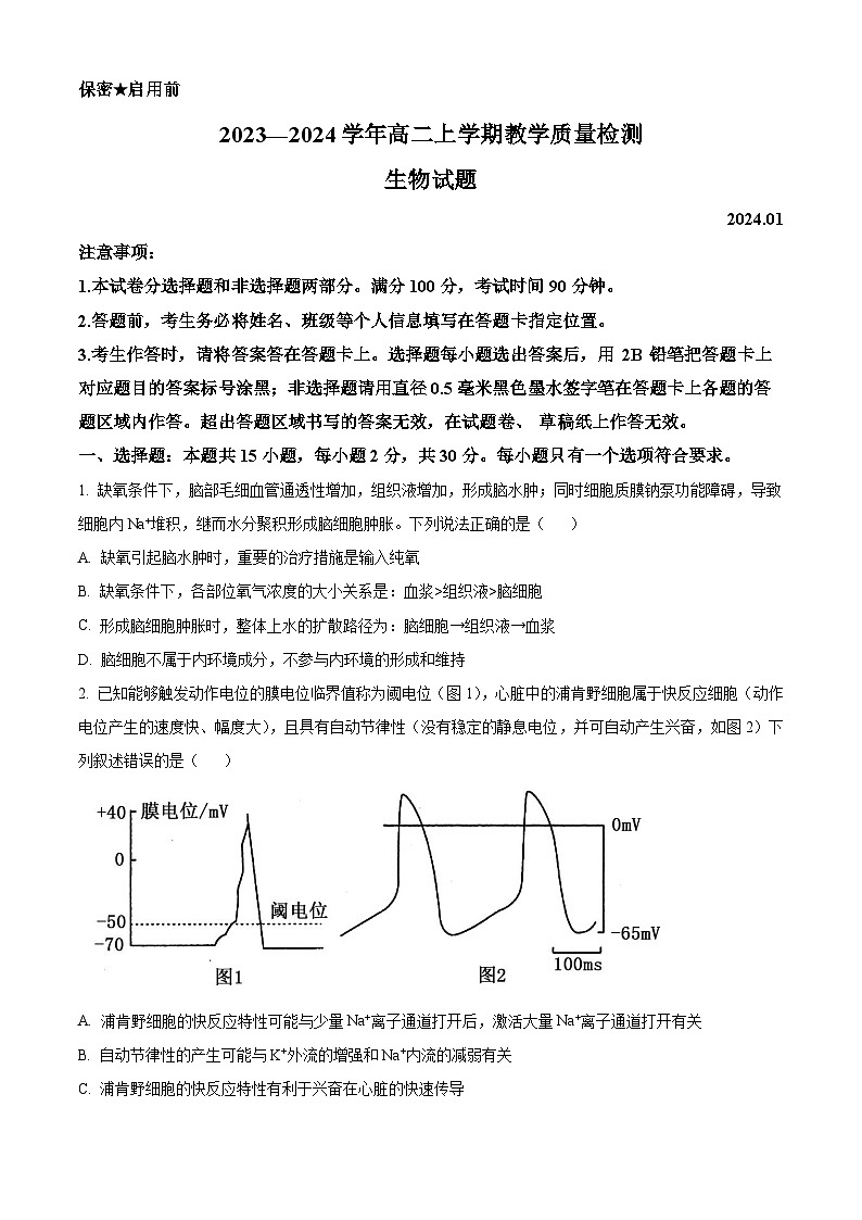 山东省菏泽市2023-2024学年高二上学期1月期末质量检测生物试题(Word版附解析)01
