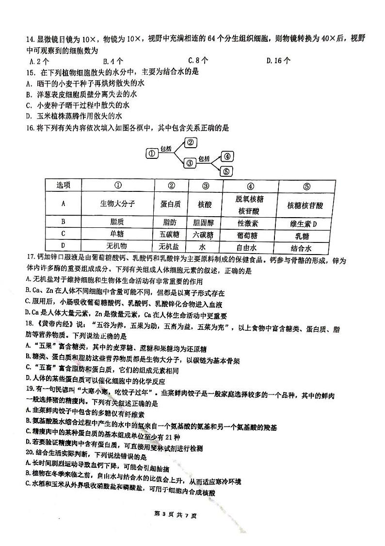 福建省厦门市湖里区厦门双十中学2024-2025学年高一上学期10月月考生物试题第3页