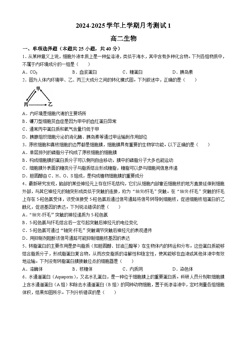陕西省西安市碑林区西北工业大学附属中学2024-2025学年高二上学期月考生物试题01