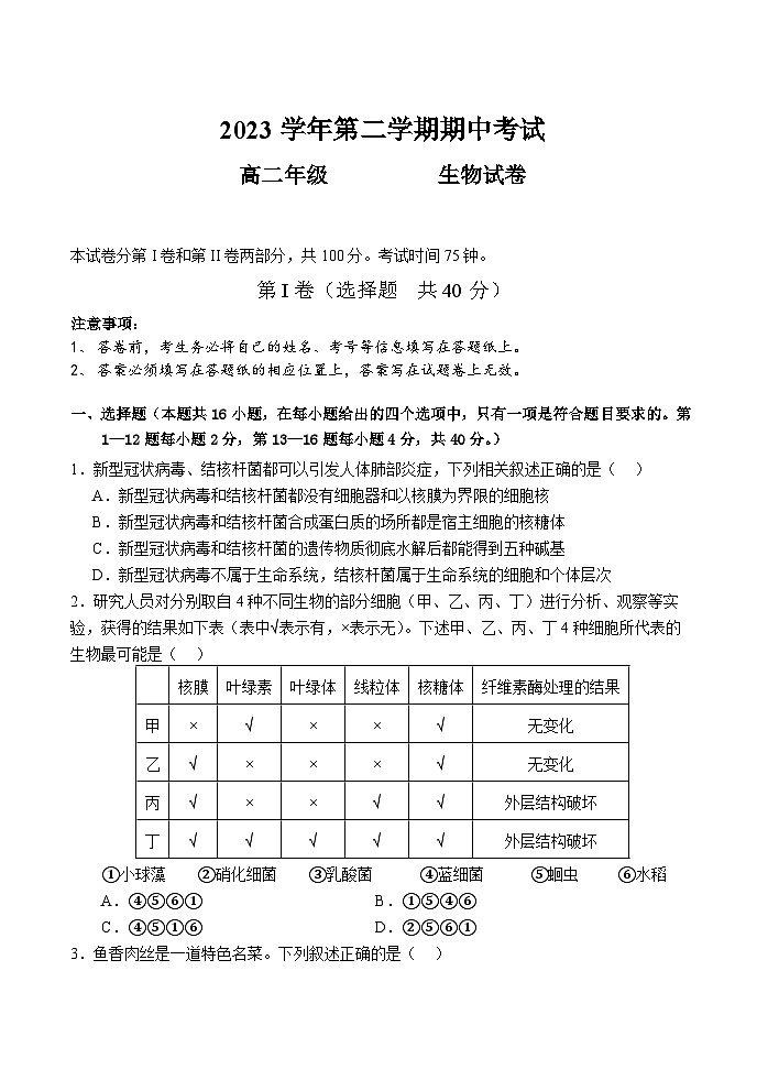 广东省广州市第八十九中学2023-2024学年高二下学期期中考试生物试题第1页