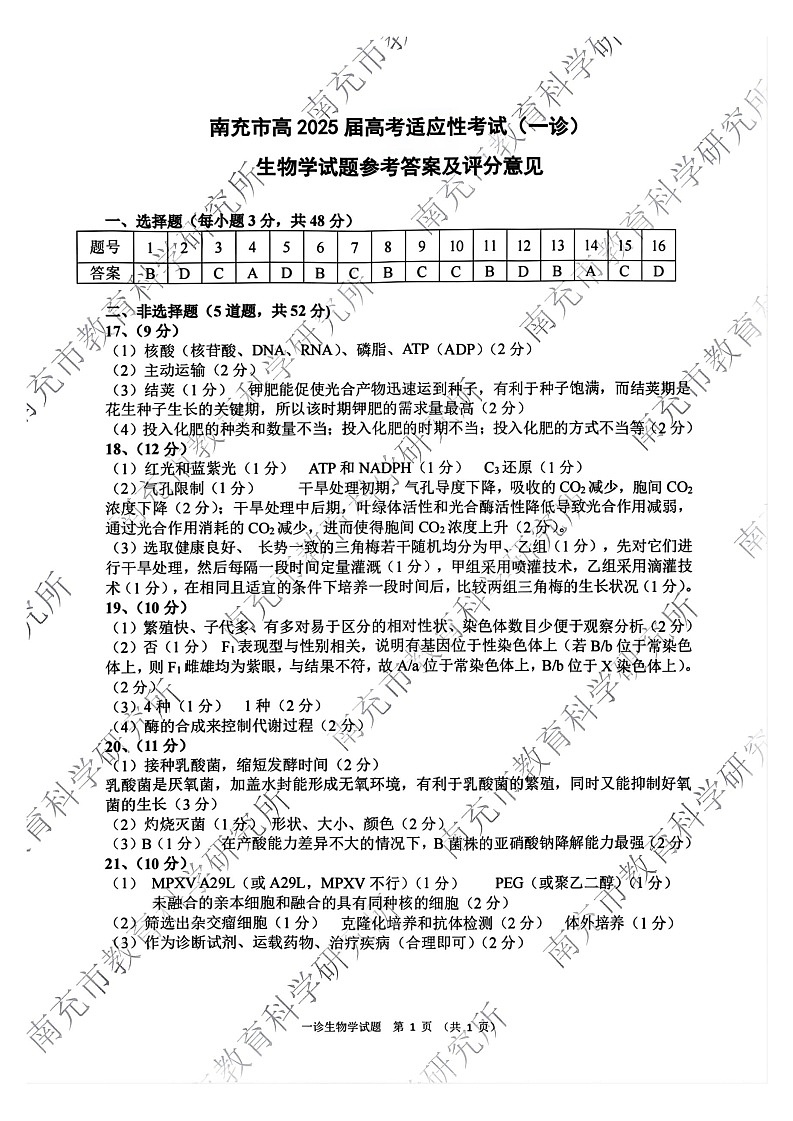 四川省南充市2025届高三高考适应性考试(一诊)生物试题答案第1页