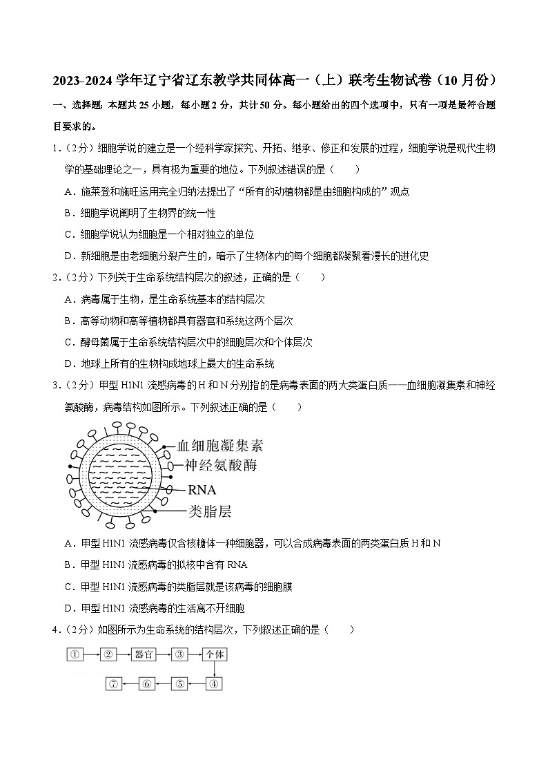 辽宁省辽东教学共同体2023-2024学年高一上学期10月份联考生物试卷第1页