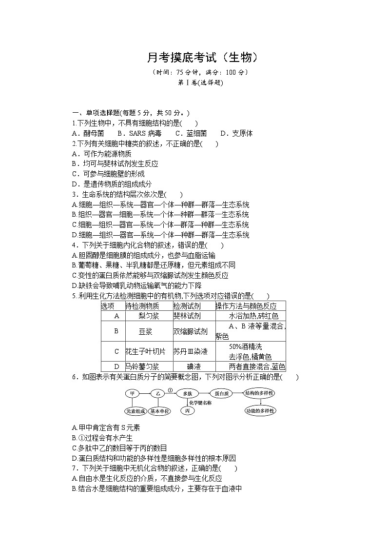 山西省晋中市太谷区职业中学校2024-2025学年高一上学期9月月考生物试题第1页