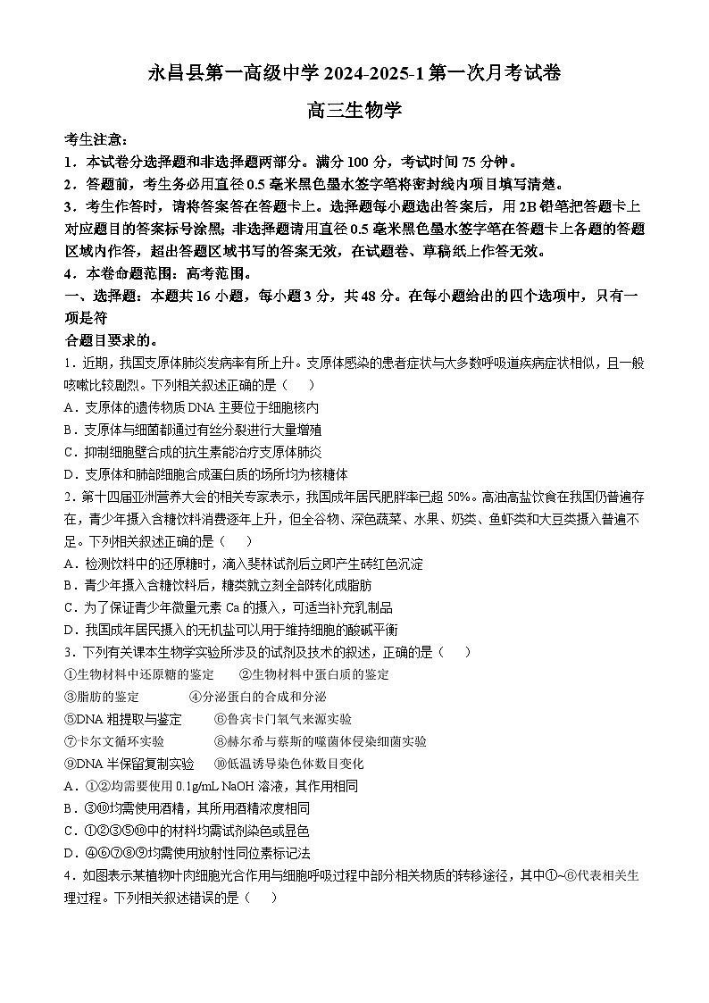 甘肃省金昌市永昌县第一高级中学2024-2025学年高三上学期第一次月考生物试卷第1页