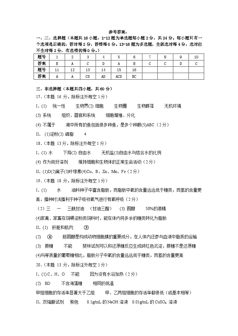 南昌十九中2024-2025学年上学期高一10月月考生物答案第1页