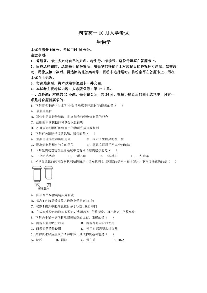 [生物]2024～2025学年湖南省岳阳市岳阳县一中高一上学期10月入学联考试题(解析版)