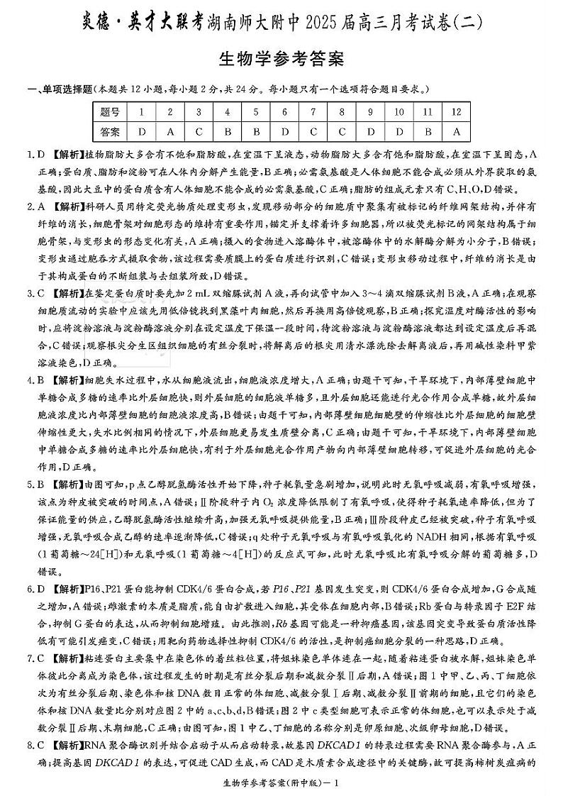 湖南师大附校2025届高三月考试卷(二)+生物答案第1页