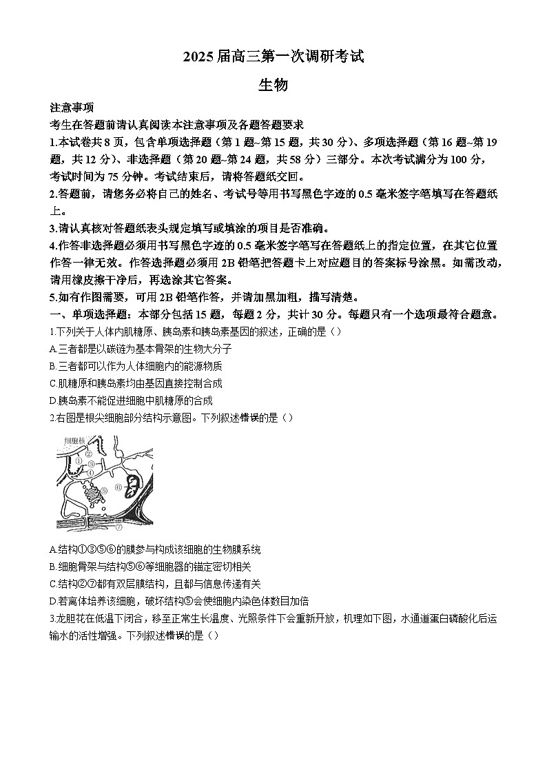 江苏省海门中学2024-2025学年高三上学期第一次调研考试生物试卷01