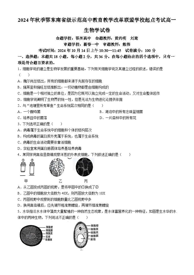 湖北省鄂东南省级示范学校联考2024-2025学年高一上学期10月月考生物试题(无答案)第1页