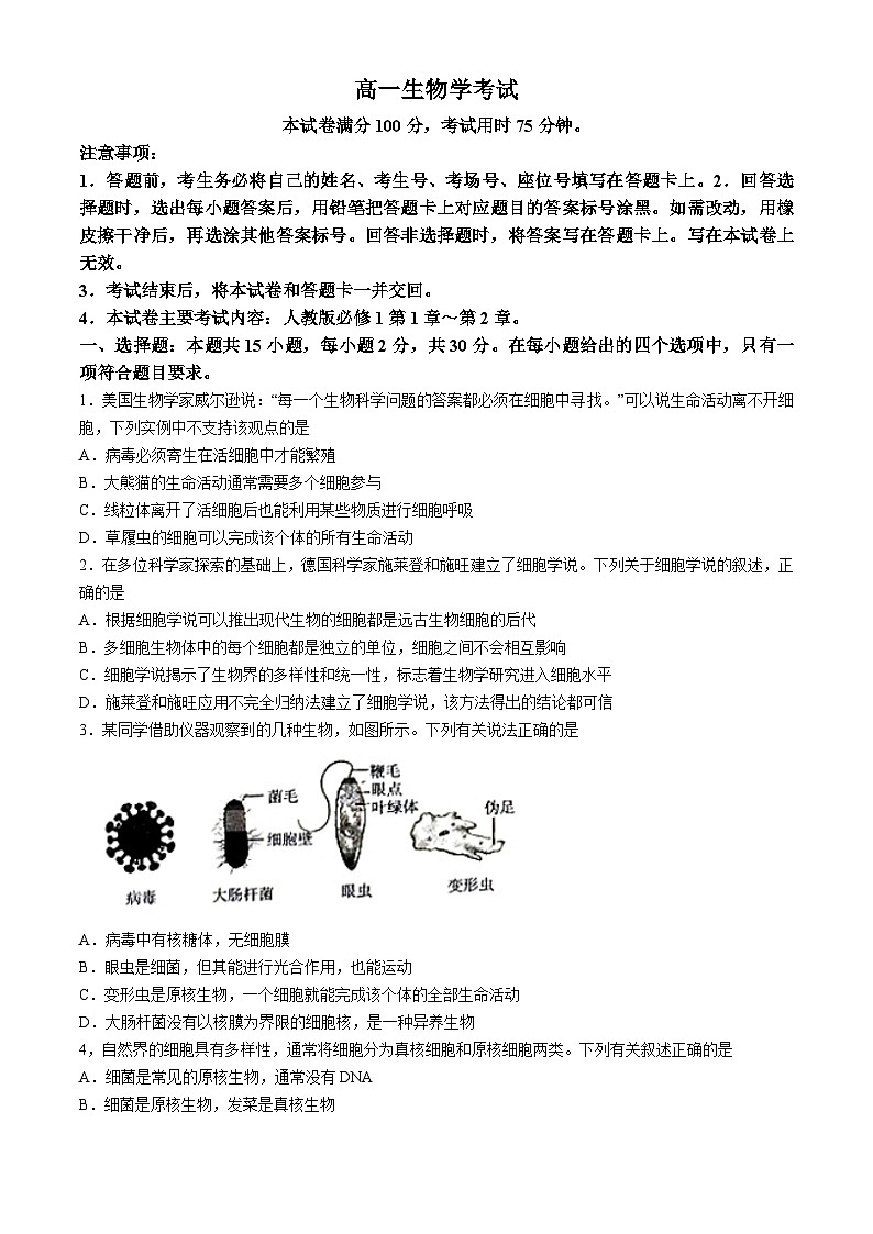 内蒙古名校联盟2024-2025学年高一上学期10月大联考生物试题第1页