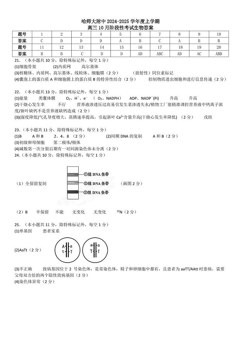 黑龙江省哈尔滨师范大学附属中学2024-2025学年高三上学期10月月考 生物答案第1页