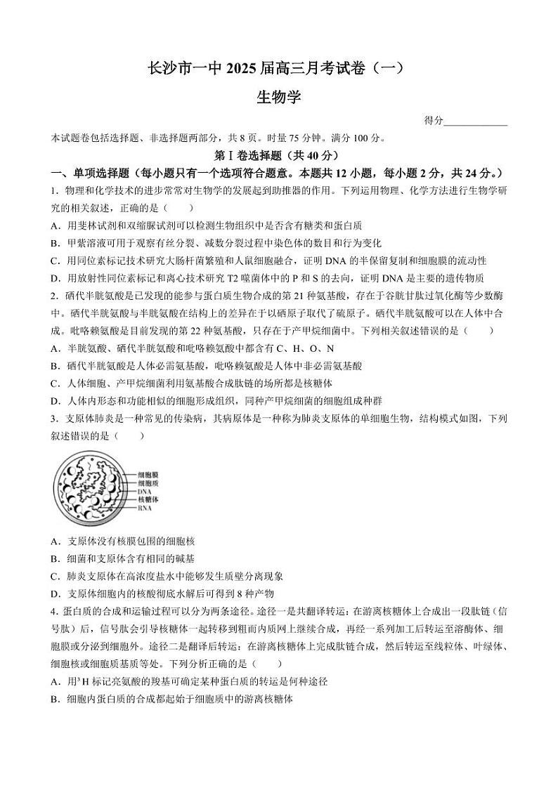 湖南省长沙市2025届高三上学期月考卷(一)生物(含答案)01