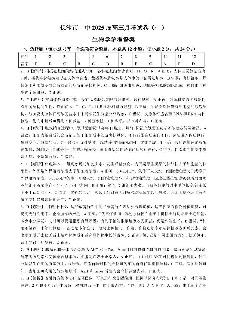 湖南省长沙市2025届高三上学期月考卷(一)生物(含答案)01