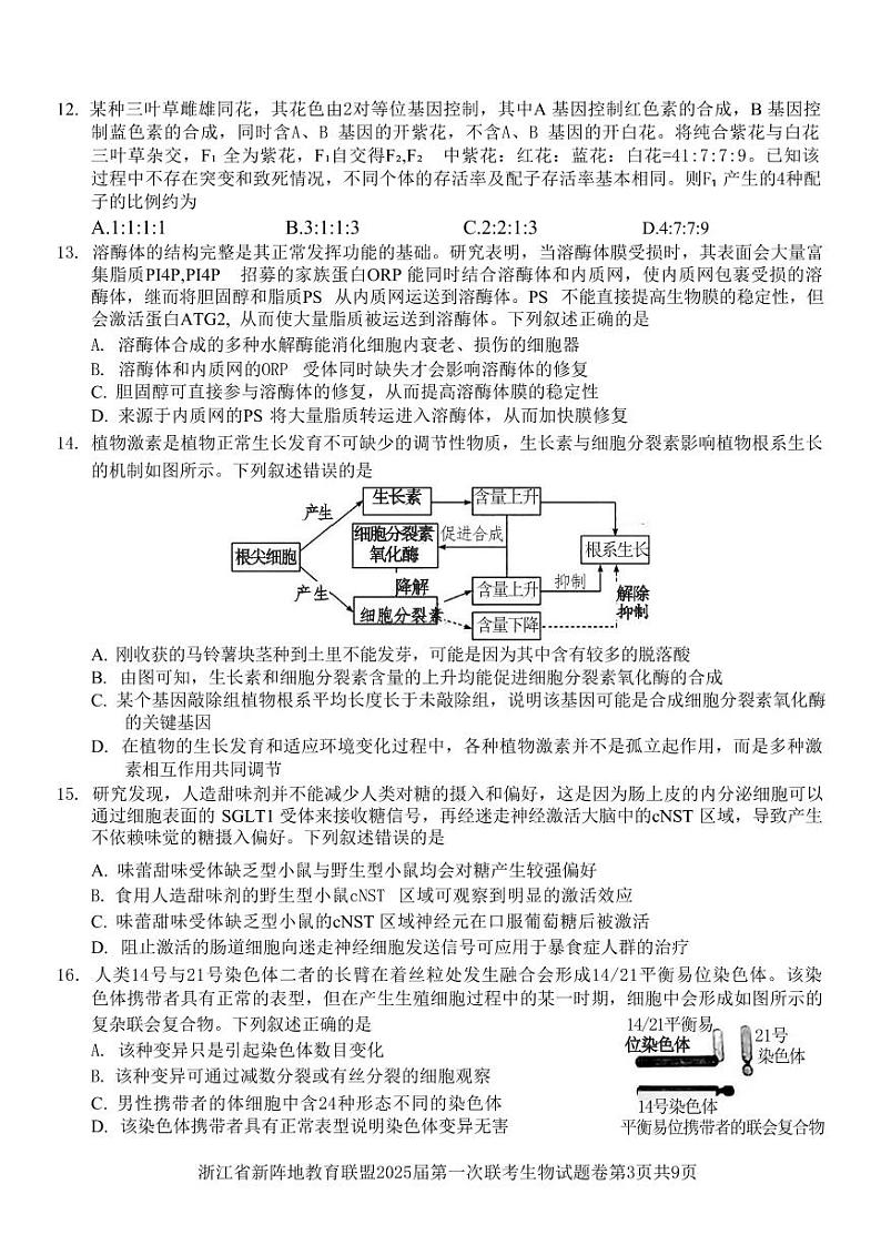 生物丨浙江省新阵地教育联盟2025届高三10月第一次联考生物试卷及答案03