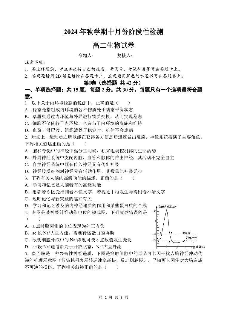 江苏省江阴长泾中学。洛社高中联考2024-2025学年高二上学期10月检测题生物试题第1页