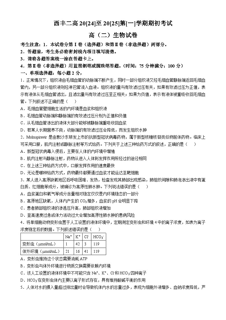辽宁省铁岭市西丰县第二高级中学2024-2025学年高二上学期开学考试生物试题(无答案)第1页