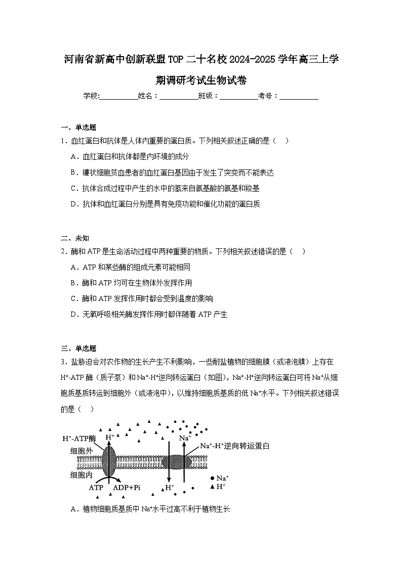河南省新高中创新联盟TOP二十名校2024-2025学年高三上学期调研考试生物试卷第1页
