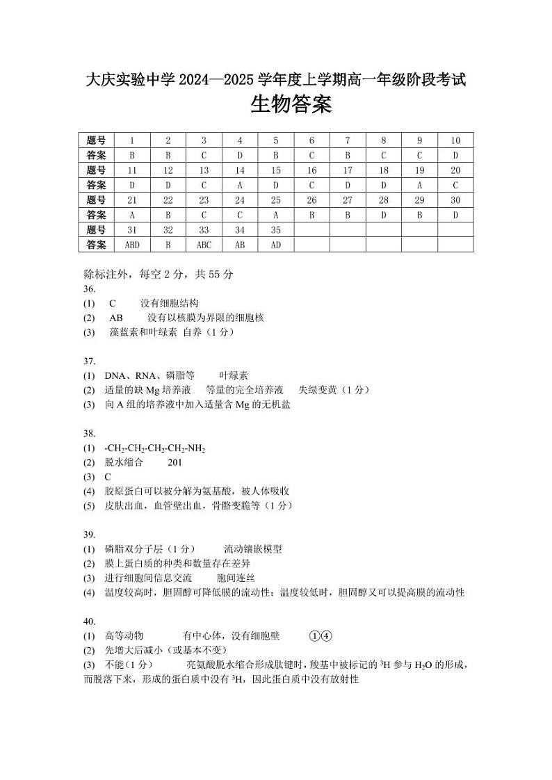 黑龙江省大庆市实验中学2024-2025学年高一上学期10月阶段考试生物试题(Word版附答案)01