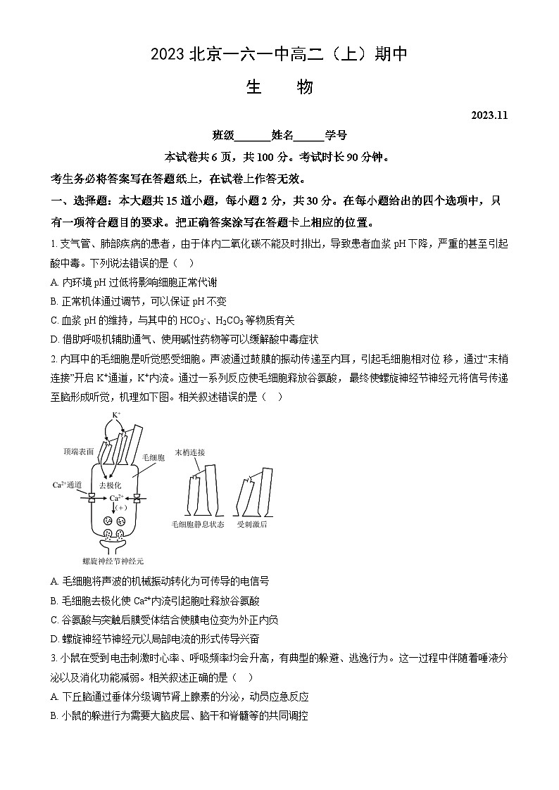 2023北京一六一中高二上学期期中生物试卷(教师版)第1页
