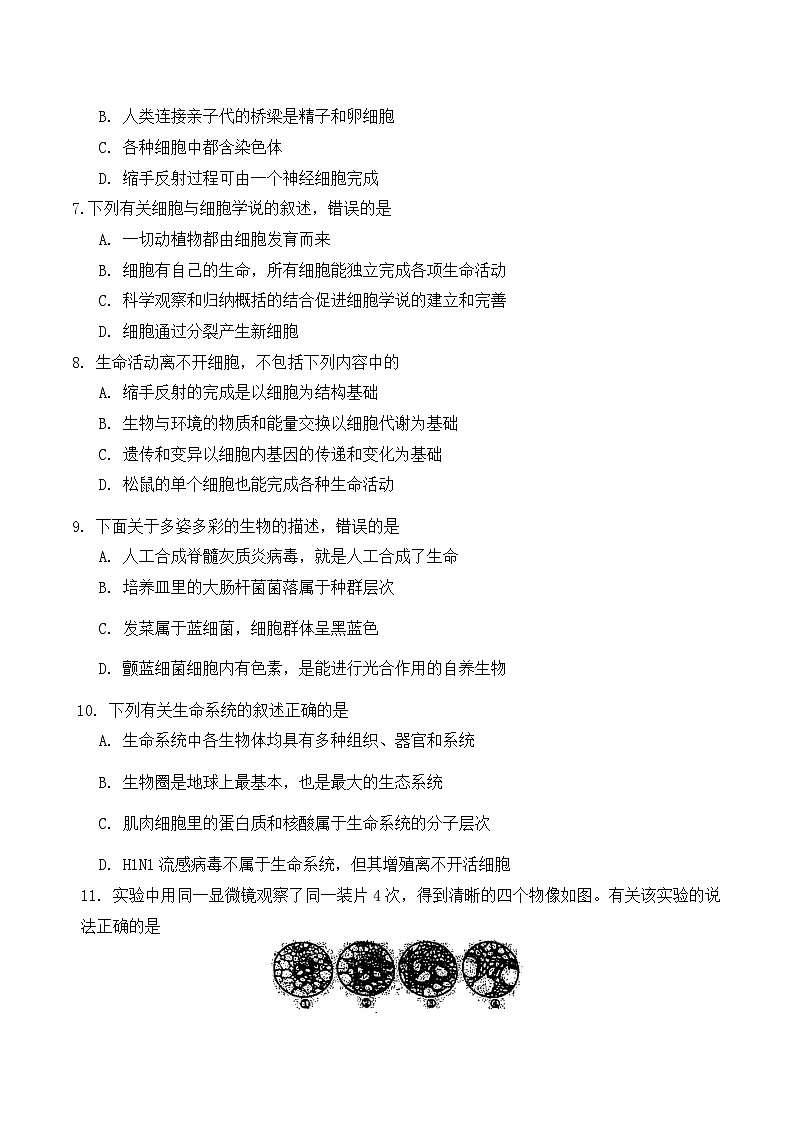 天津市南开区南开中学2024-2025学年高一上学期10月月考生物试题02