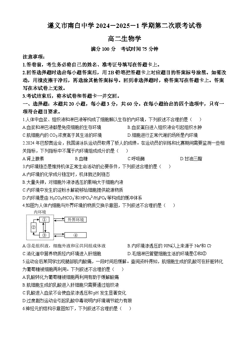贵州省遵义市遵义市南白中学2024-2025学年高二上学期10月月考生物试题01