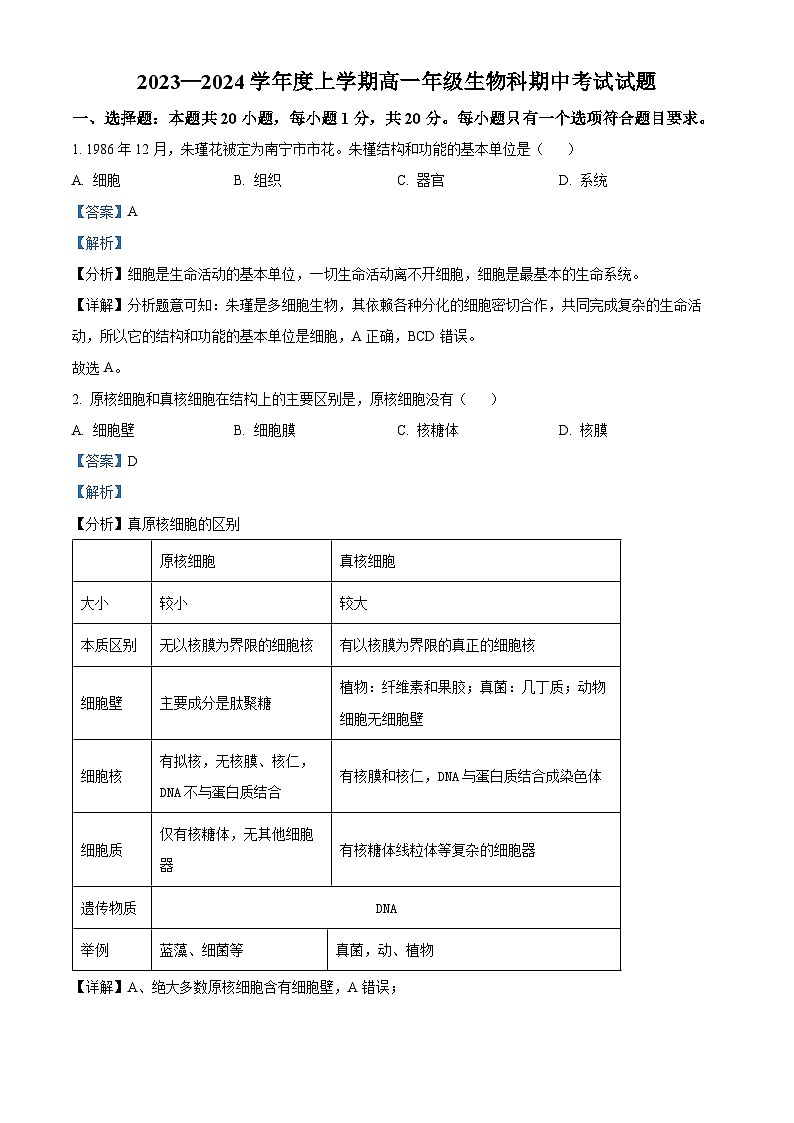 南寧廣西大學(xué)附中2023-2024學(xué)年高一11月期中生物試題（解析版）第1頁