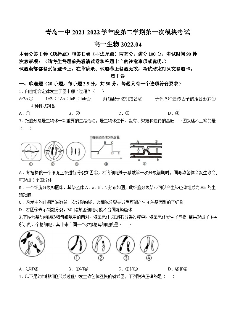 山东省青岛市第一中学2021-2022学年高一下学期4月期中考试生物试卷(无答案)第1页