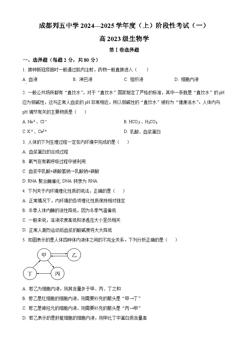 四川省成都市列五中学2024-2025学年高二上学期10月测试生物试题 Word版无答案第1页