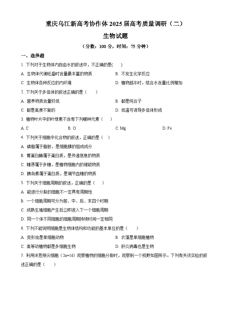 重慶市重慶市重慶烏江新高考協(xié)作體2024-2025學年高三上學期10月月考生物試題 Word版無答案第1頁