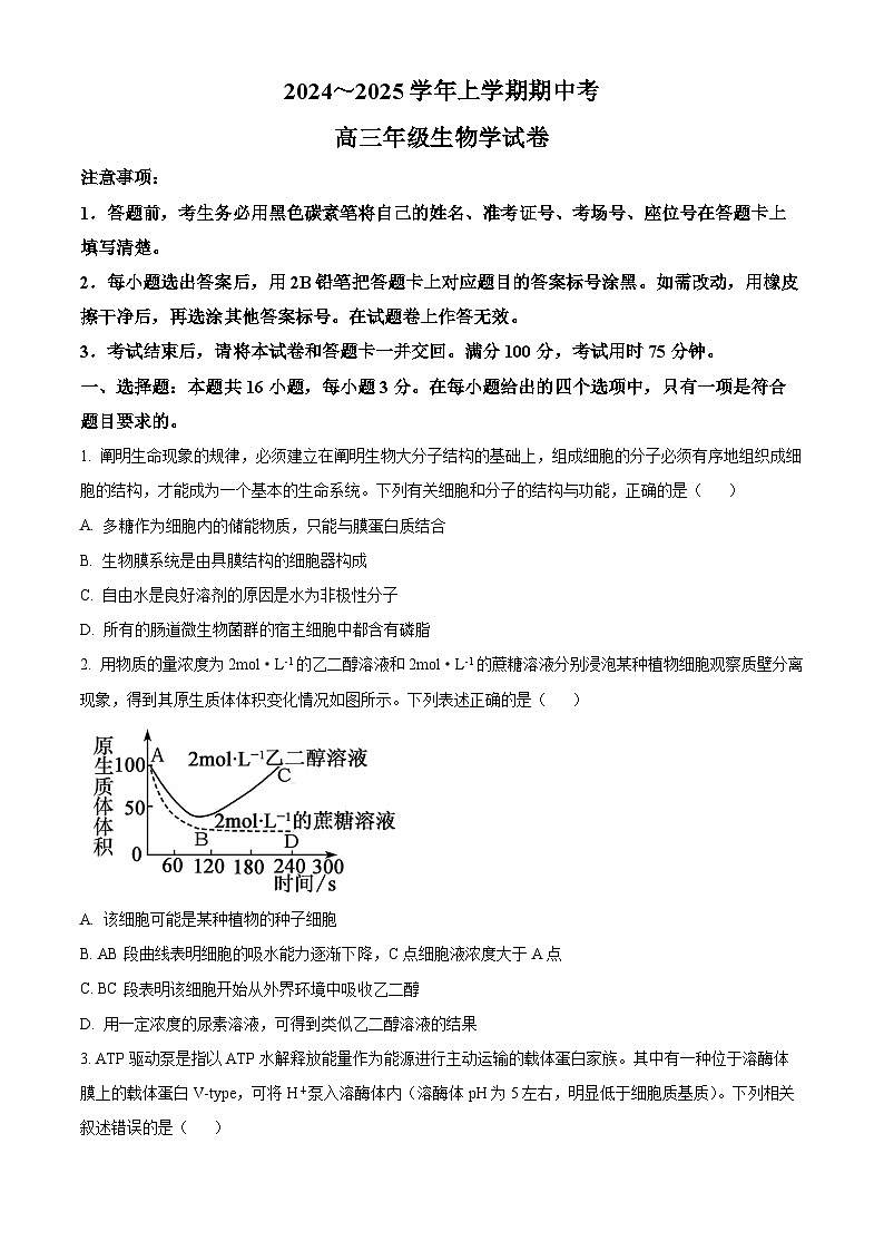 云南省大理白族自治州宾川县高平第一完全中学2024-2025学年高三上学期期中考试生物试题第1页