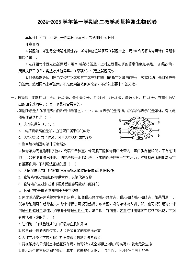 广东省三校2024~2025学年高二上学期第一次质量检测生物试题第1页