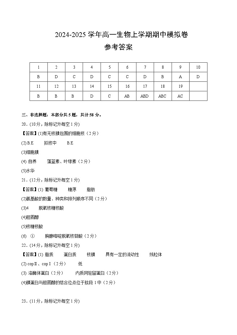 2024-2025学年高一上学期期中模拟考试生物(江苏专用,第1_4章)试卷(Word版附解析)01