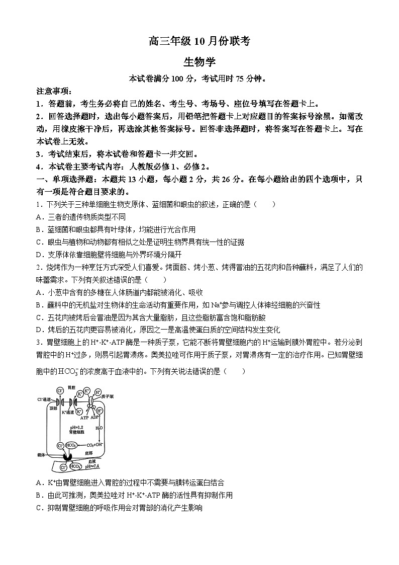 河北省邢台市邢襄联盟2024-2025学年高三上学期10月联考生物试题(无答案)01
