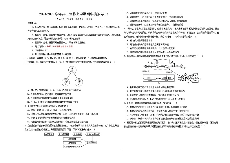 2024-2025学年高二上学期期中模拟考试生物(不定向版,人教版2019选必1全册)02试卷(Word版附解析)01