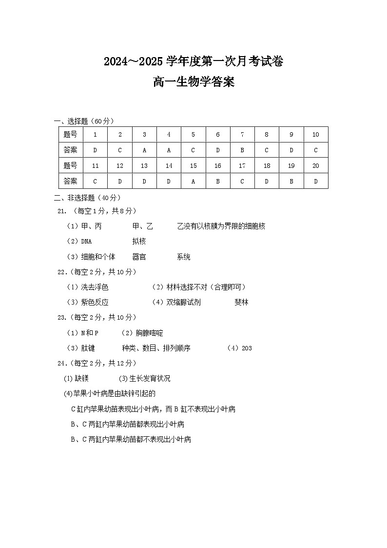 2024-2025安徽省庐巢联盟第一学期第一次月考高一生物答案第1页
