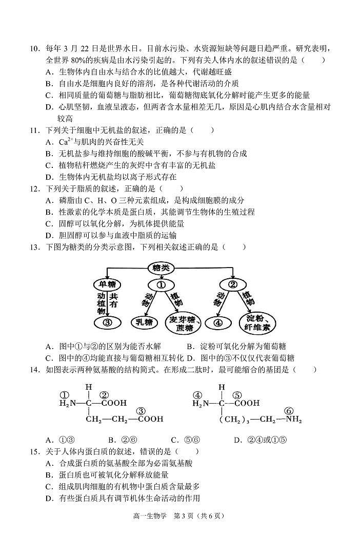 2024-2025安徽省庐巢联盟第一学期第一次月考高一生物学试卷第3页