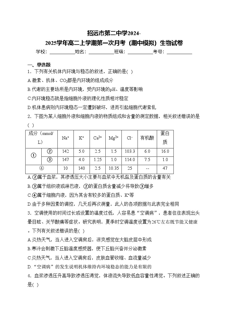 招远市第二中学2024-2025学年高二上学期第一次月考(期中模拟)生物试卷(含答案)第1页