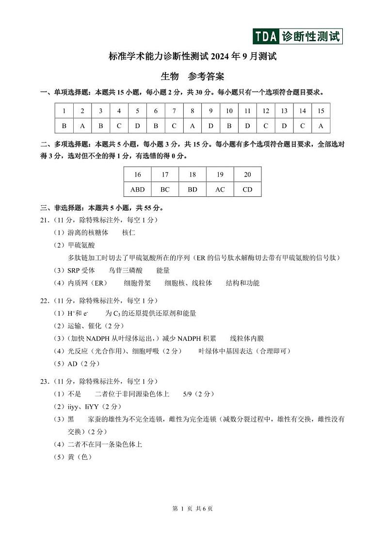 2024年9月诊断性测试生物答案及解析第1页