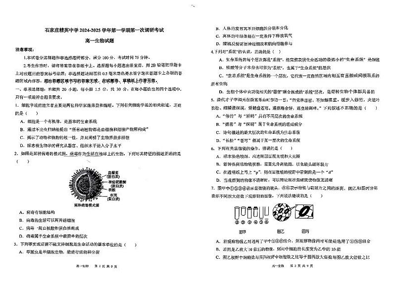 河北省石家庄精英中学2024-2025学年高一上学期10月月考生物试卷第1页