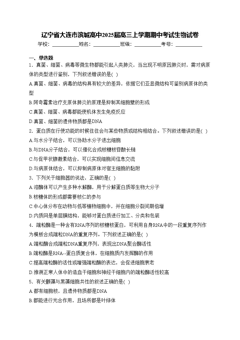 辽宁省大连市滨城高中2025届高三上学期期中考试生物试卷(含答案)第1页